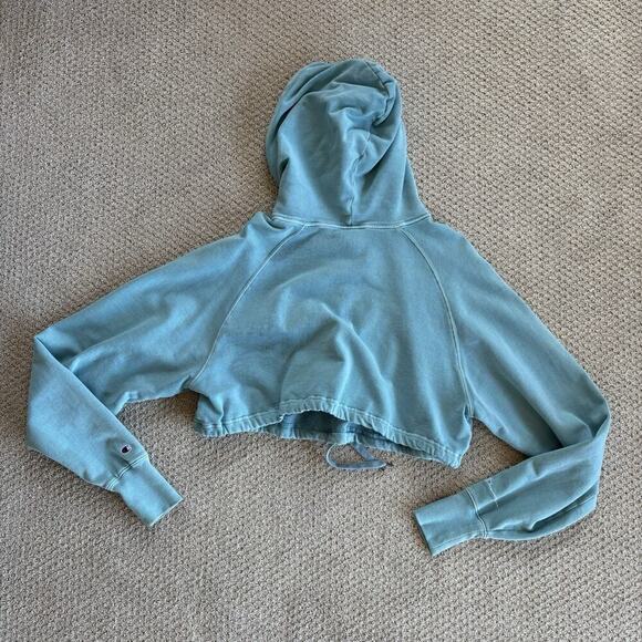 Champion Cropped Hoodie Women M Vintage Blue Reverse Weave Pullover Cinch Waist - Picture 8 of 11